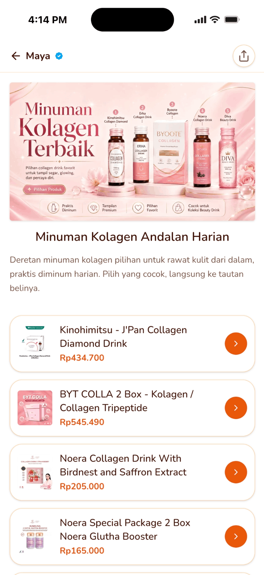 Koleksi 'Minuman Kolagen Andalan Harian' bertema Hangat: latar krem, kartu produk berharga, tombol oranye.
