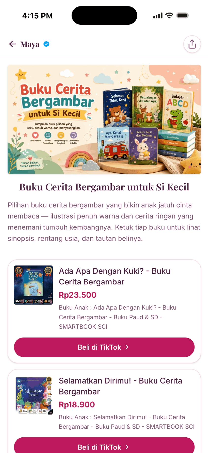 Koleksi 'Buku Cerita Bergambar' bertema Mawar: latar merah muda, judul serif, kartu produk.