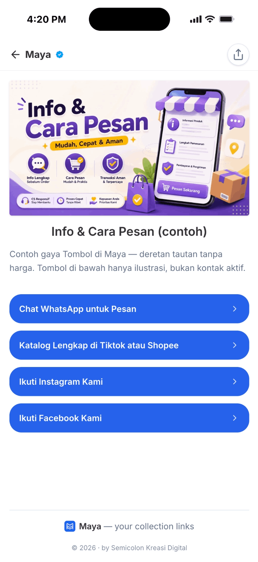 Koleksi 'Info & Cara Pesan' bertema Klasik: latar putih bersih, deretan tombol tautan biru.