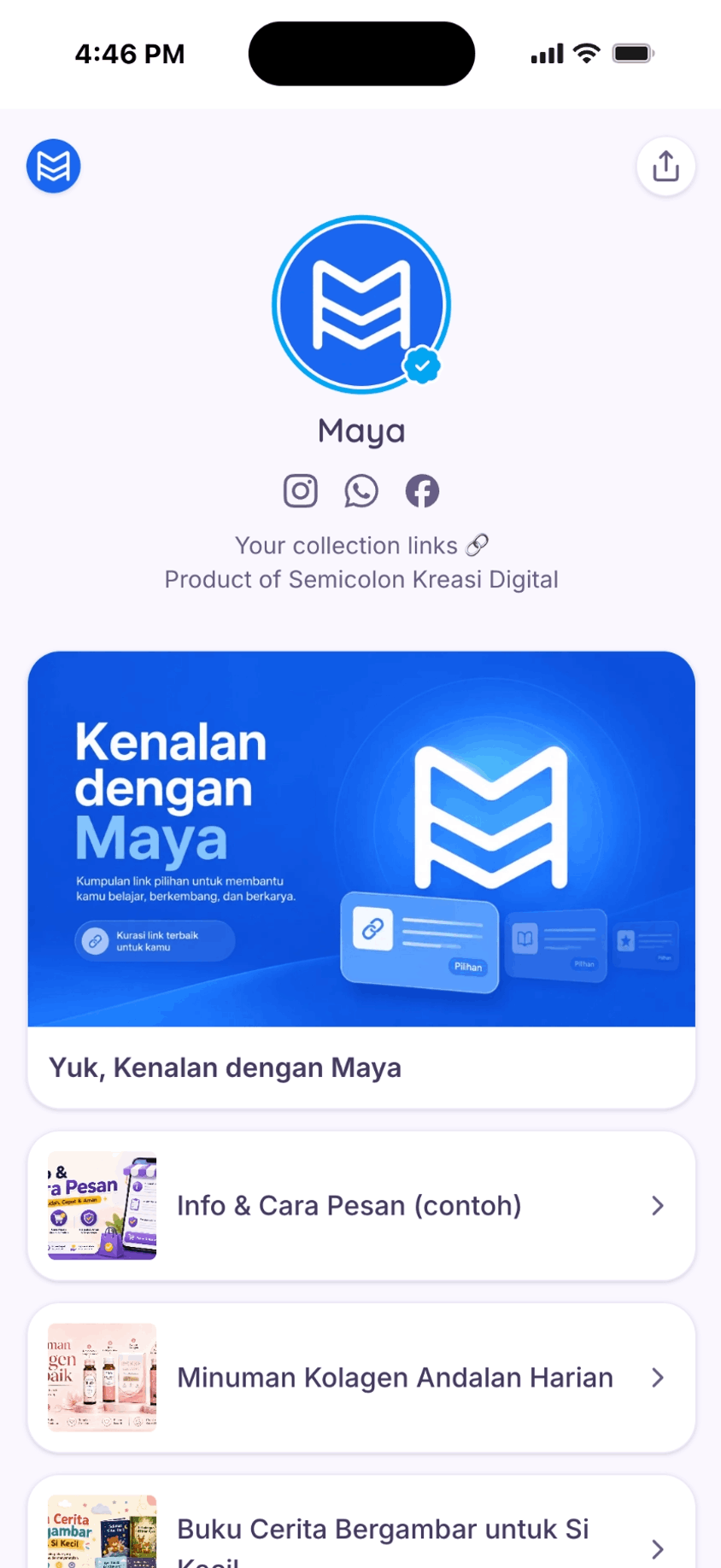 Halaman utama toko Maya bertema Klasik: avatar terverifikasi, tautan sosial, dan daftar koleksi.