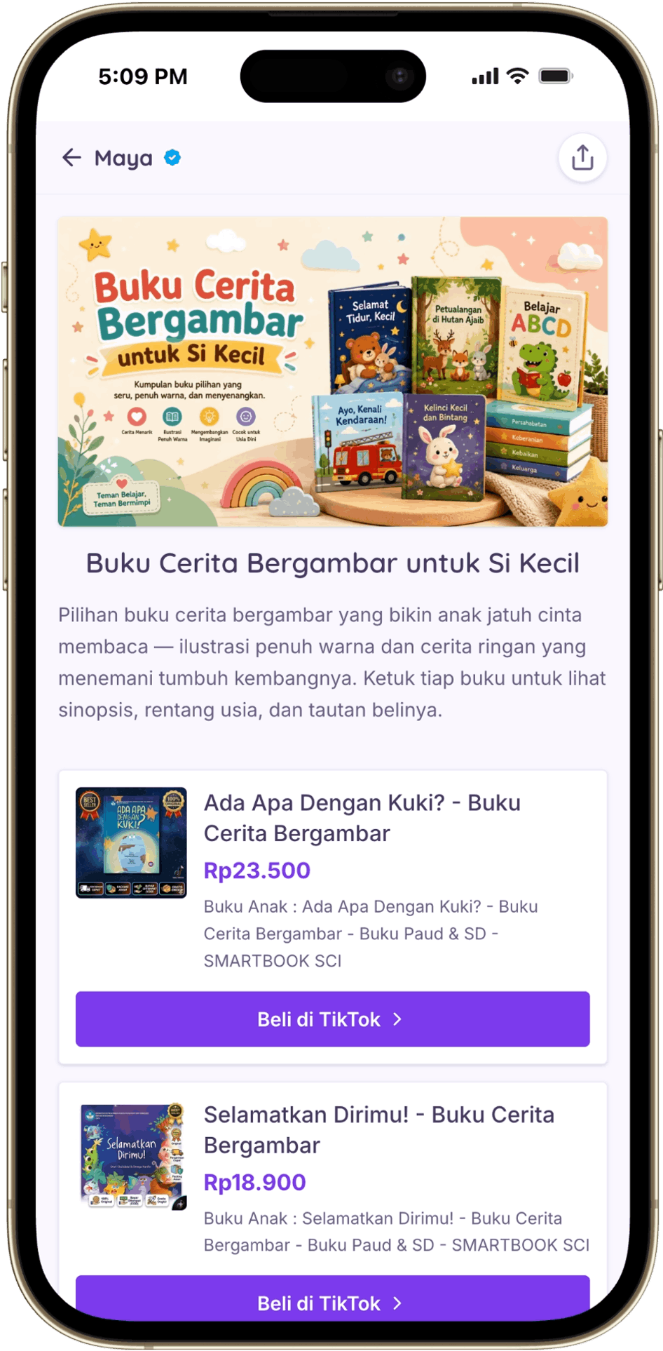Halaman toko Maya di ponsel: koleksi 'Buku Cerita Bergambar untuk Si Kecil' berisi daftar produk lengkap dengan foto, harga, dan tombol beli.